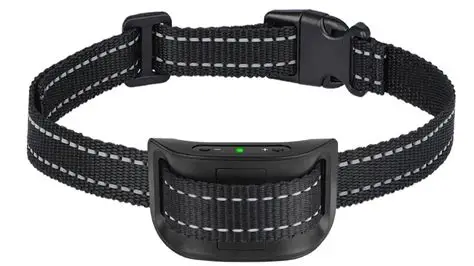 Sleek black bark collar with reflective stitching, ready for dog training.