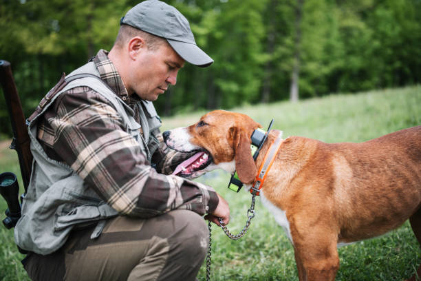 Hunter kneeling with his dog wearing a GPS bark collar in a forest.