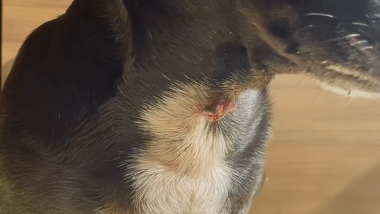 Small skin lesion on a dog's neck, potentially from prolonged wear of a bark collar.