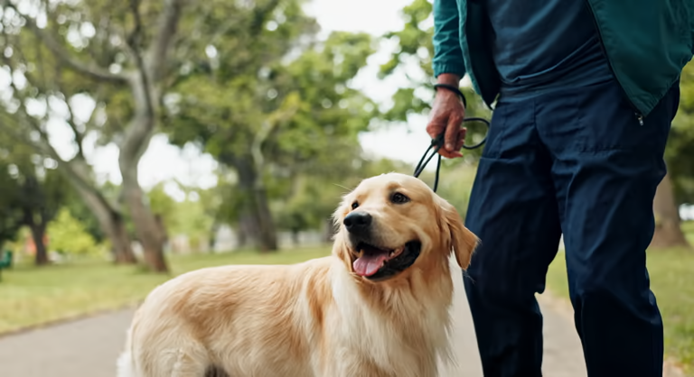 Golden retriever happily walks on leash in park. A bark collar can aid in behavior training.