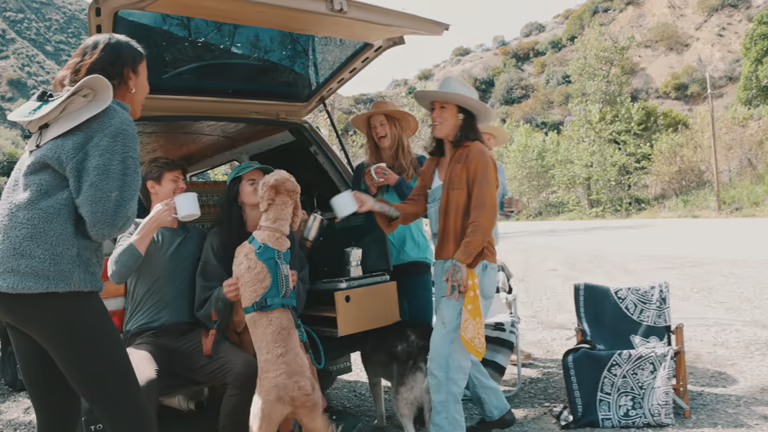 Friends and a dog enjoying a picnic outdoors, where a reliable bark collar could be useful.