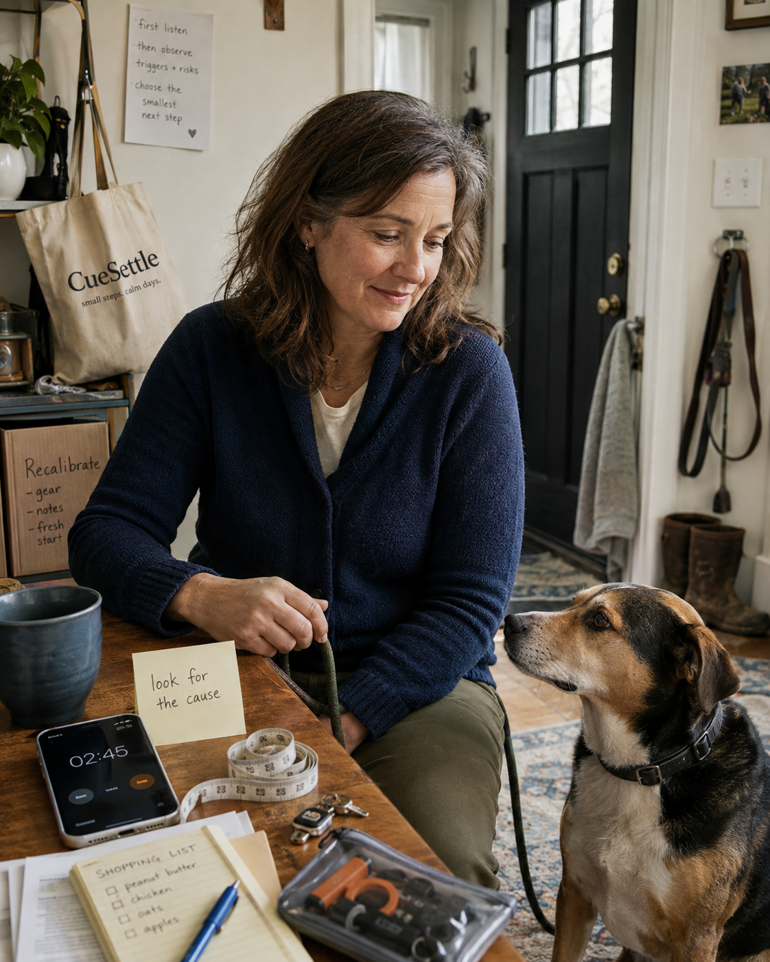 Rina Hartwell sitting at a kitchen table with a dog